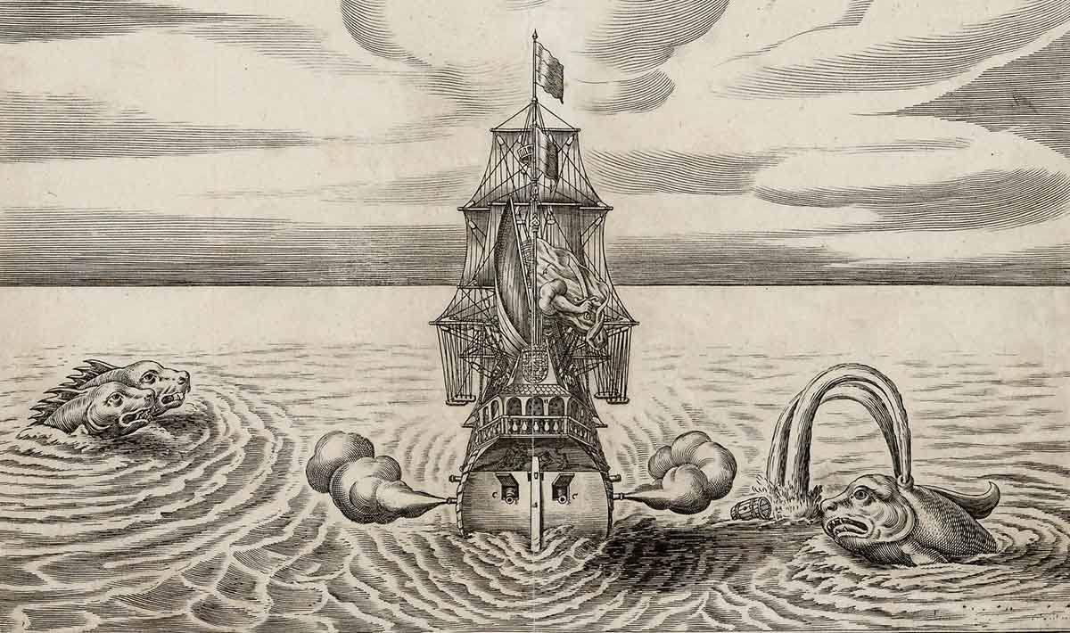 untitled engraving sea monsters attacking sailing vessel 1684