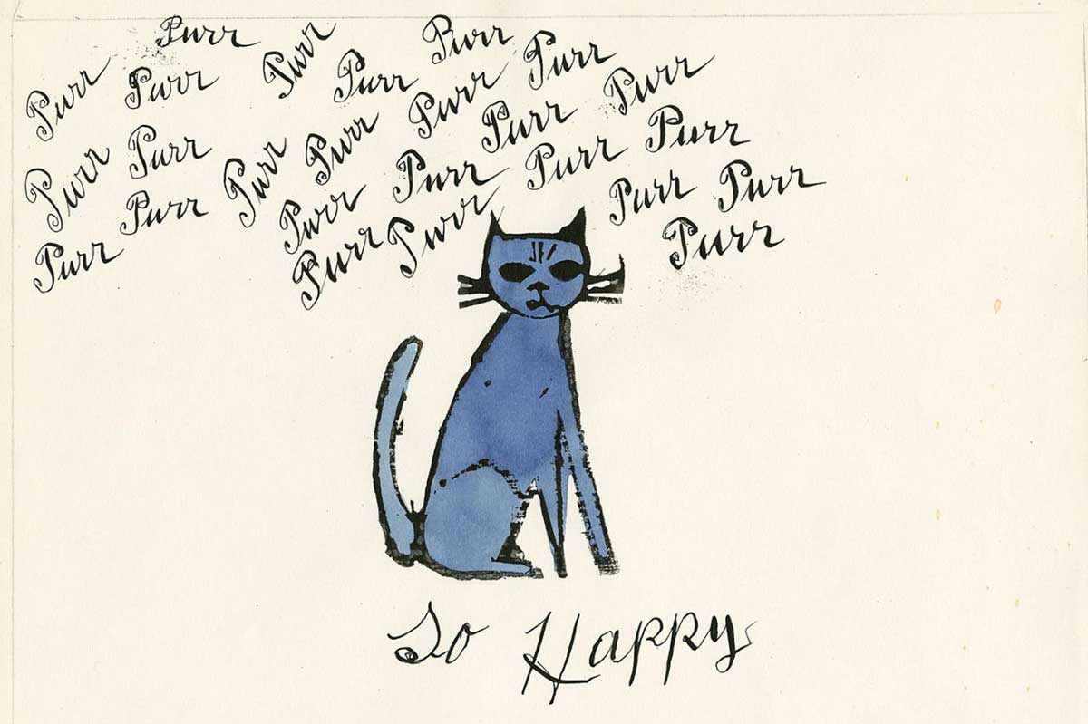 One of Warhol’s cat illustrations featuring Julia Warhola’s calligraphy. Source: Mirella Bruno