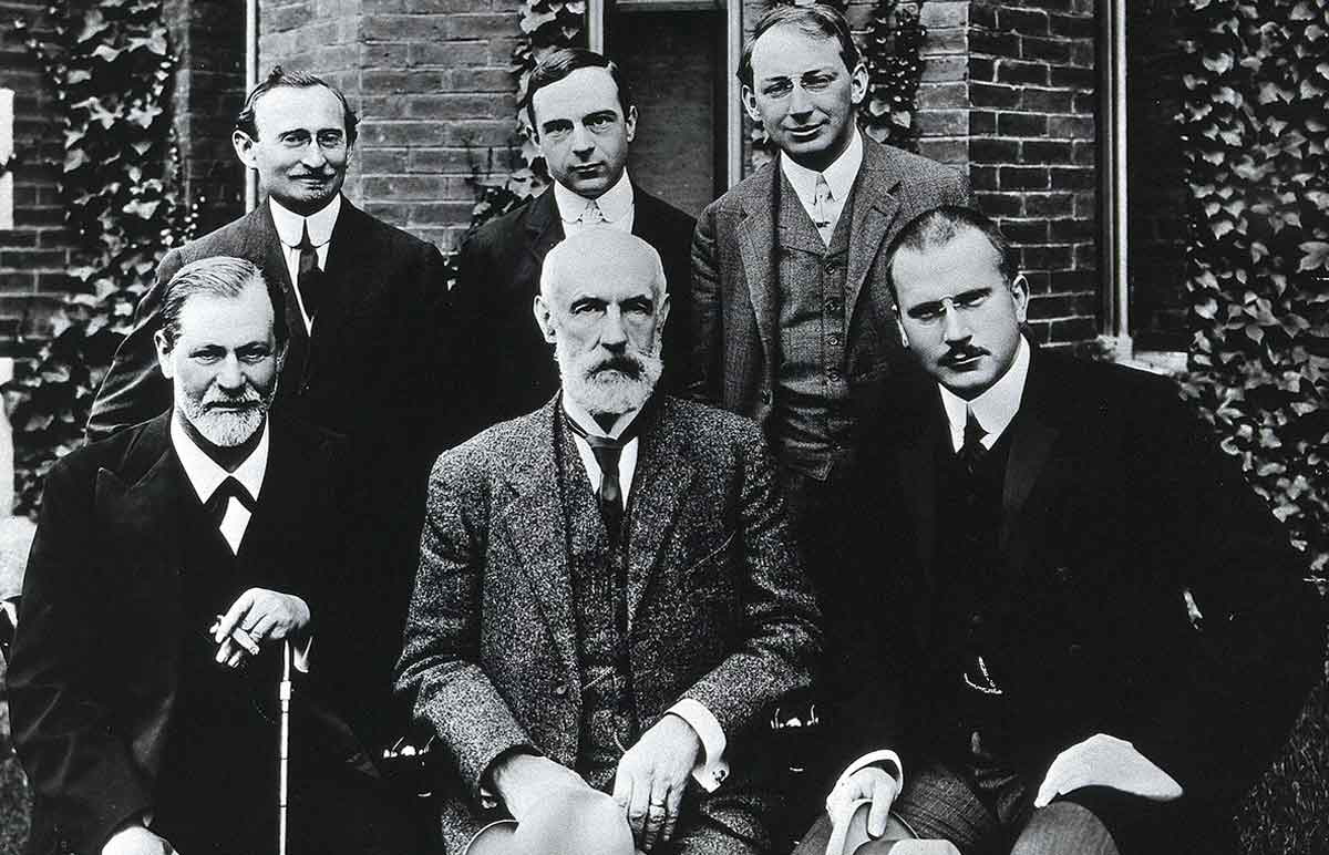 Photograph with Sigmund Freud and Carl Jung at Clark University in 1909.
