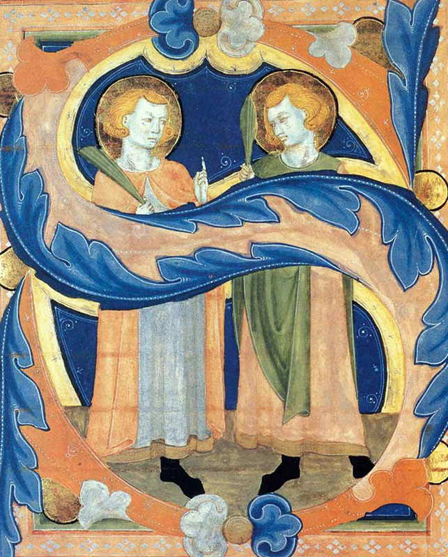 Two Martyr Saints in an Initial S (Alphaeus and Zacchaeus), 14th century. Source: Victoria and Albert Museum