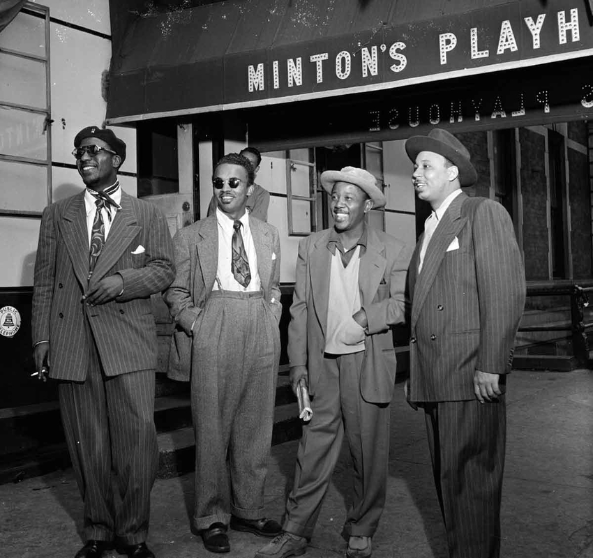 Thelonious Monk, Howard McGhee, and Roy Eldridge, with Teddy Hill, outside Mintons Playhouse, 1947