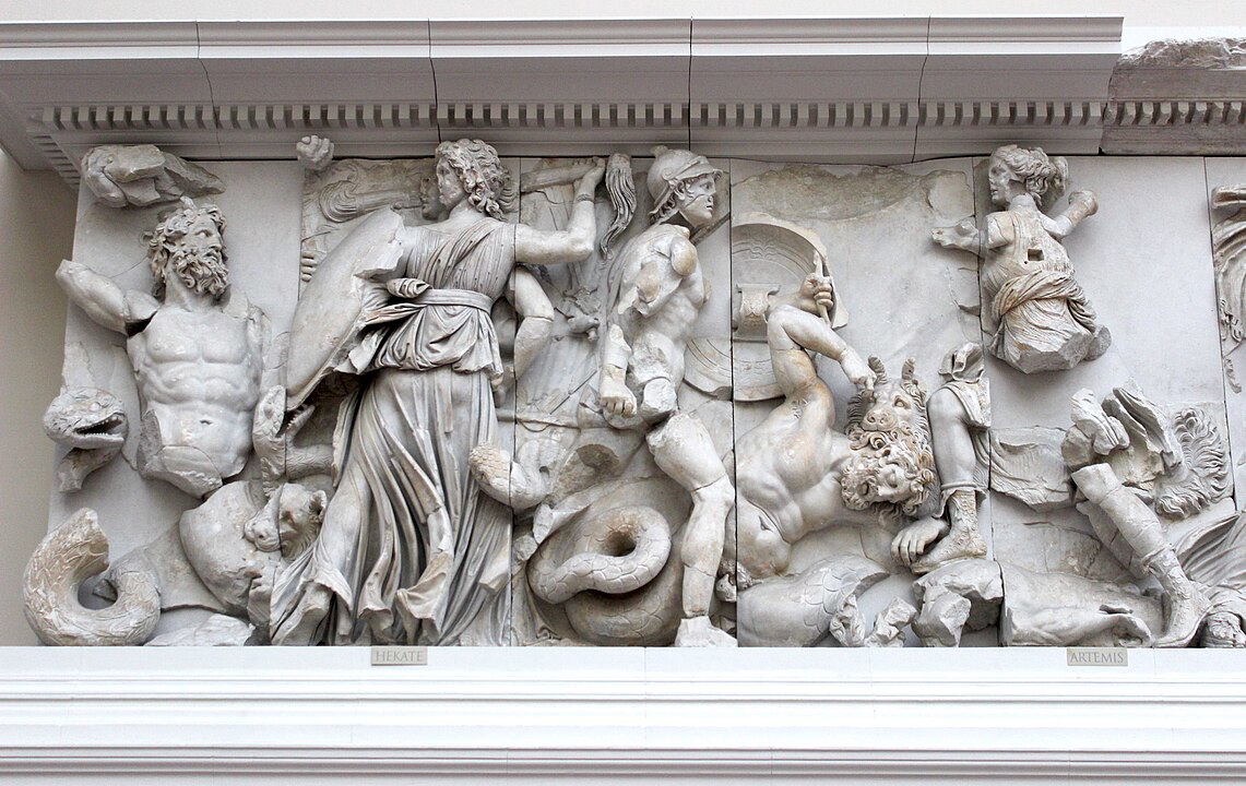 Pergamon Altar showing Hecate fighting Clytius next to Artemis, c. 166-156 BCE. Source: Pergamon Museum, Berlin