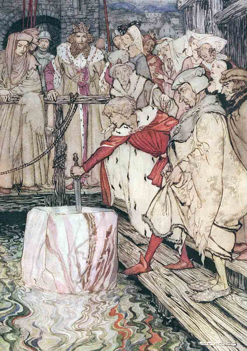 galahad pulling sword in the stone floating