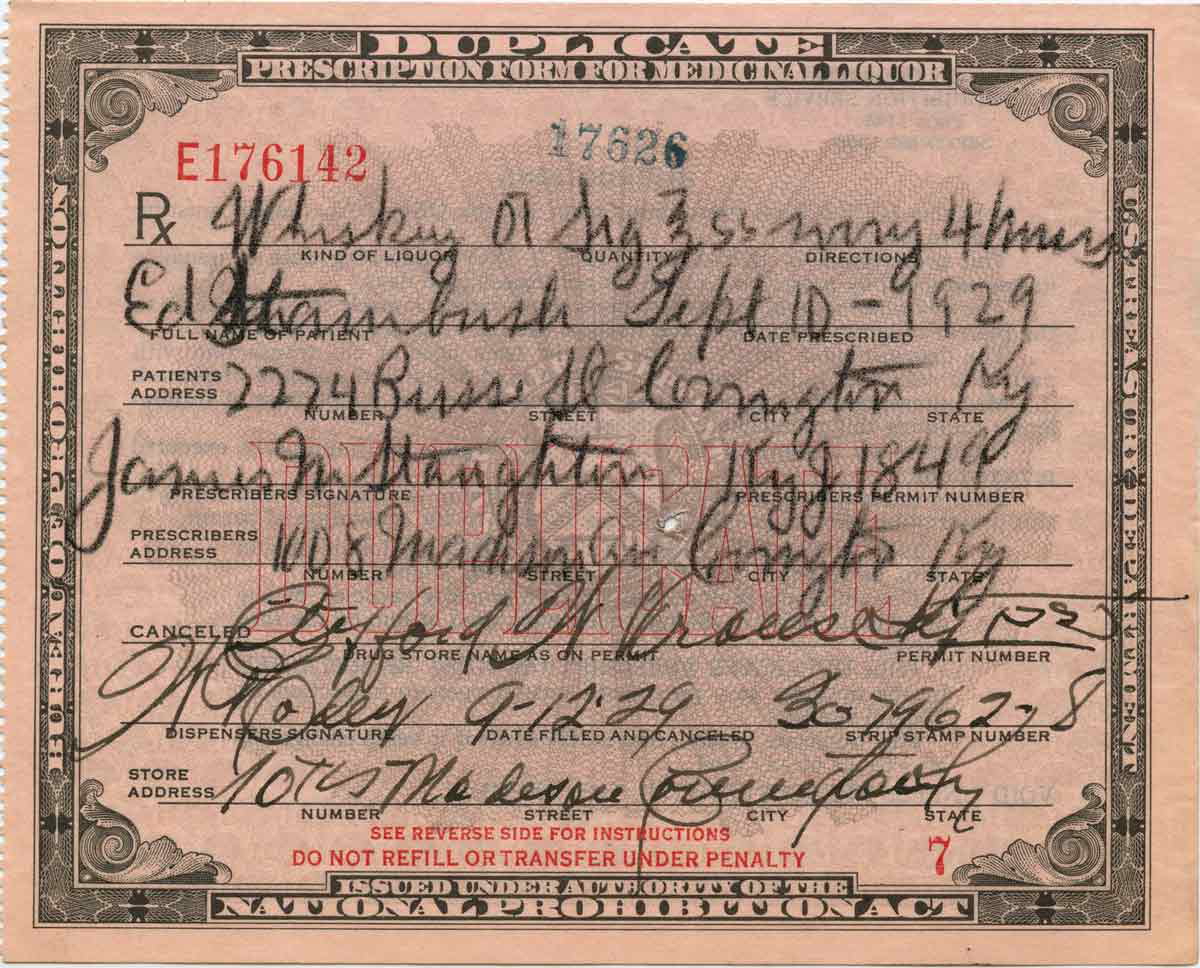 medicinal liquor prescription 1929
