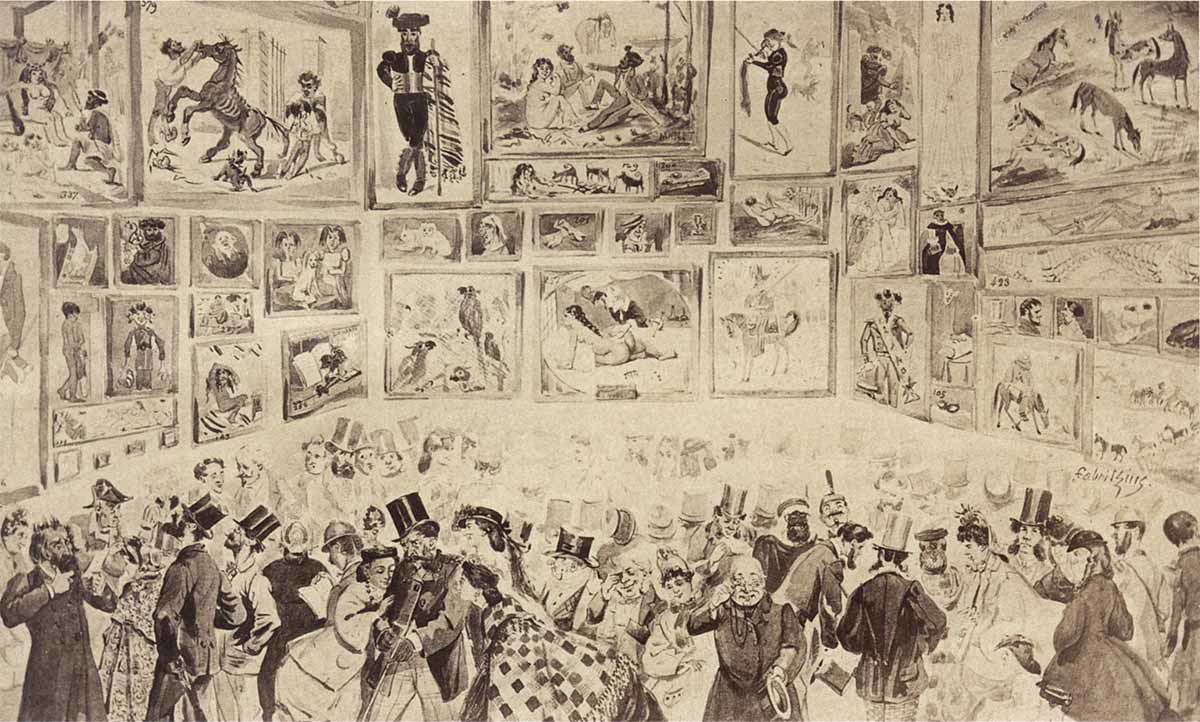 Caricature view of the Salon des Refusés, 1863. Photograph by Camille Rensch, Photographie de la Madeleine, Paris, of a drawing by Fabritzius