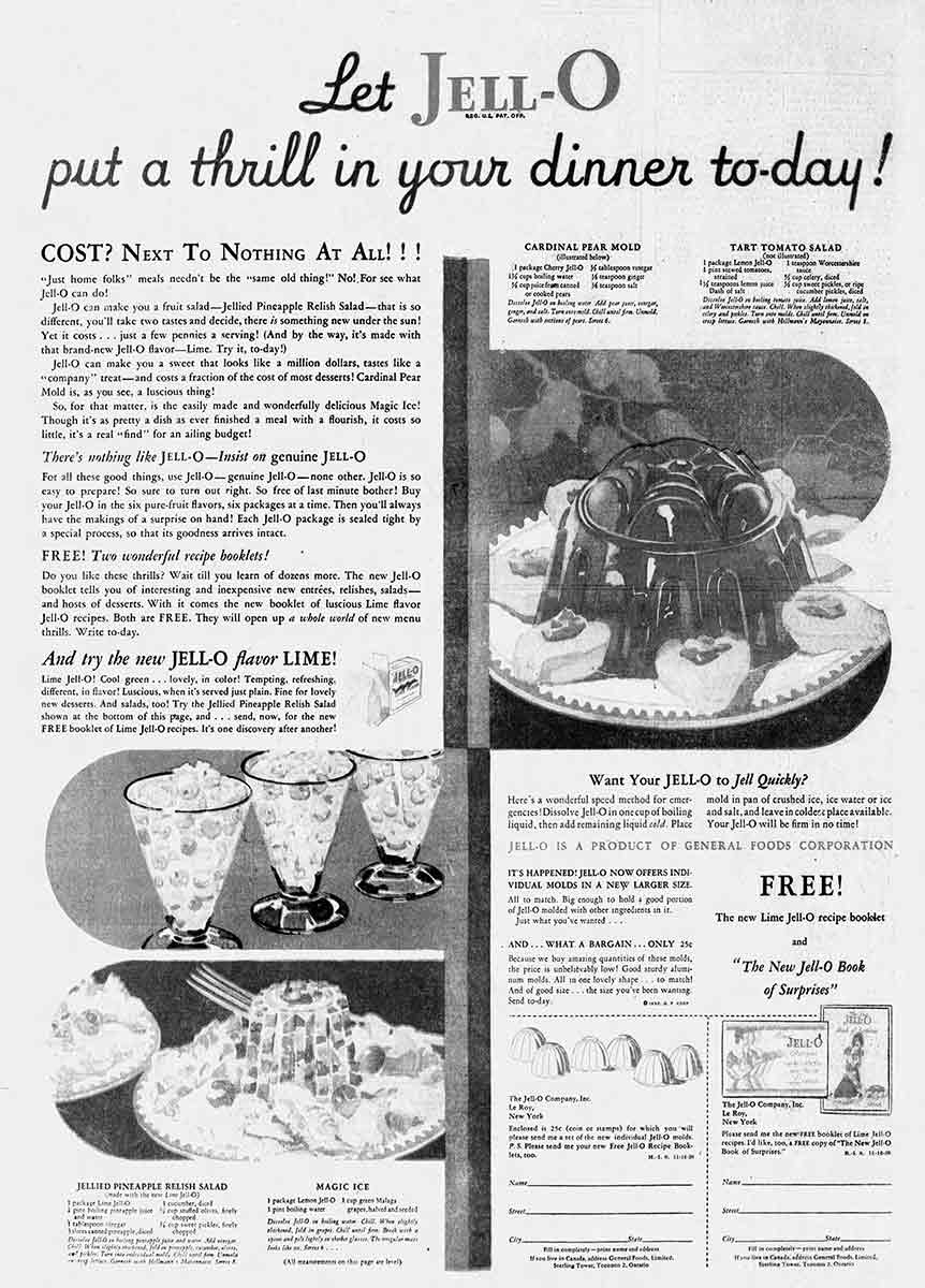 Jell O advertisement recipes 1930 lime savoury salads