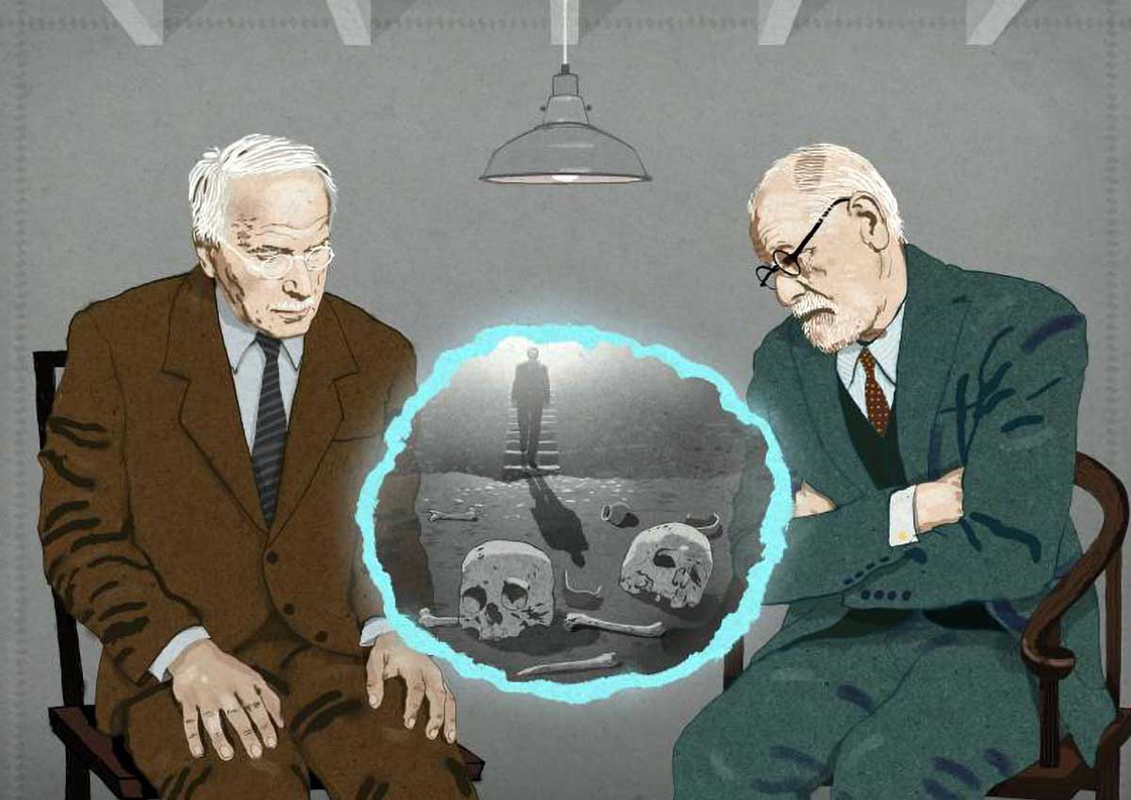 Illustration of Carl Jung and Sigmund Freud exploring a dream by Derek Bacon. Source: Cartoon Movement