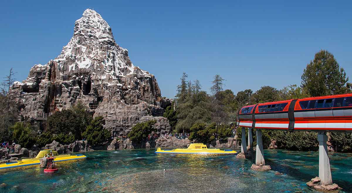 The Matterhorn (plus a passing monorail!) as seen from the Tomorrowland monorail station in Disneyland by Harsh Light, Source: Wikimedia Commons 