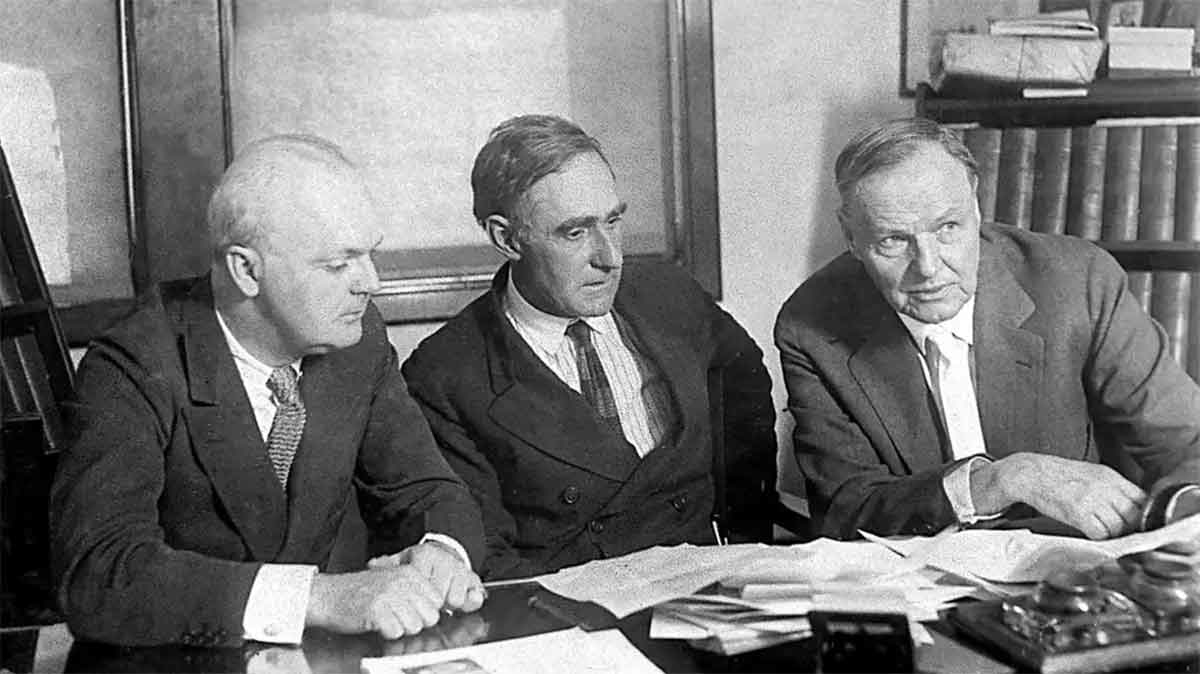 Defense attorneys Dudley Field Malone, left, Dr. John K. Neal, center, and Clarence Darrow, July 7, 1925, Associated Press