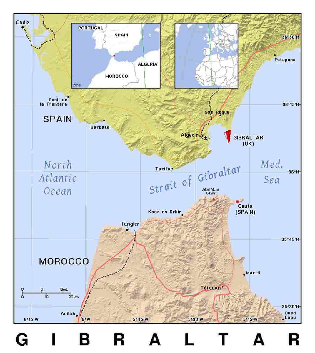detailed political map of gibraltar with relief small