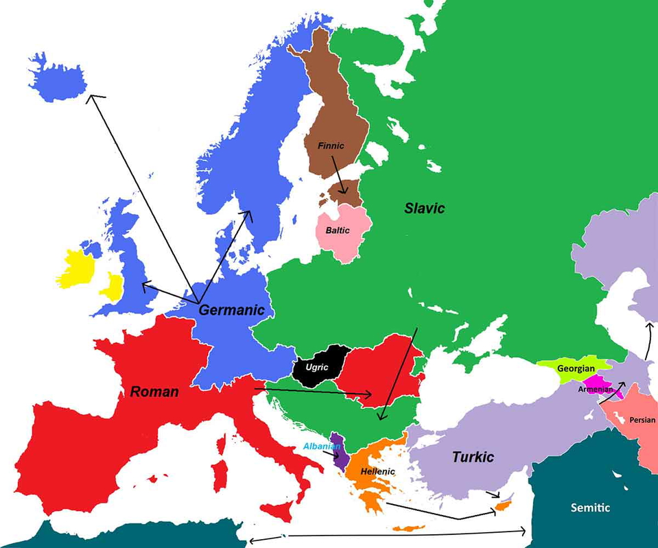 Linguistic map of Europe with areas of Germanic language dominance indicated in blue. Image: Wikimedia Commons
