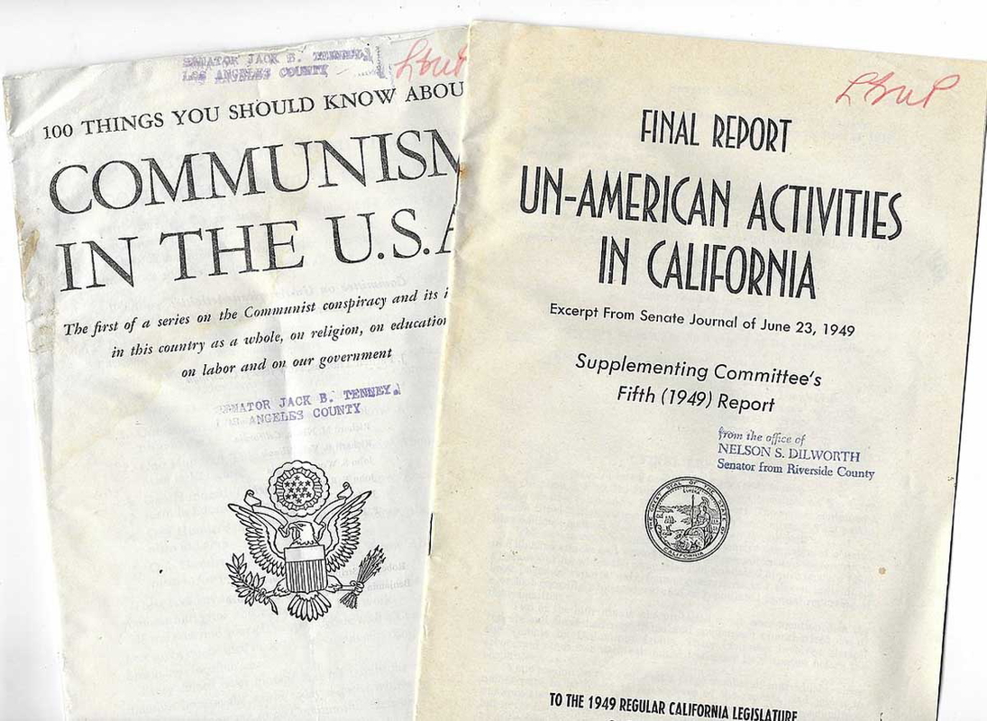 The covers of the report "Communism in the U.S.A." and the supplement to the 5th HUAC Report by the California Un-American Activities subcommittee, 1949, Source: Wikimedia Commons