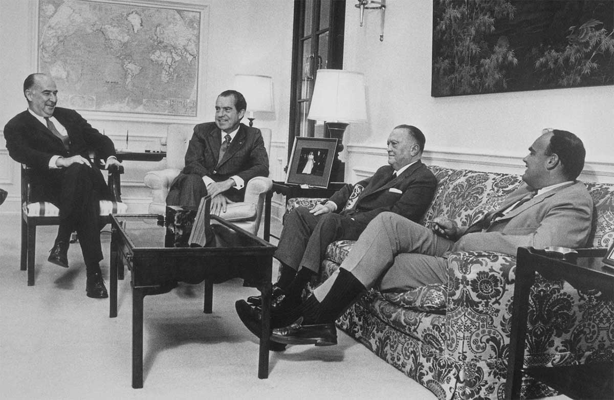 From right to left, US Attorney General John Mitchell, President Richard M. Nixon, J. Edgar Hoover, and White House Counsel, John D. Ehrlichman, Source: Wikimedia Commons