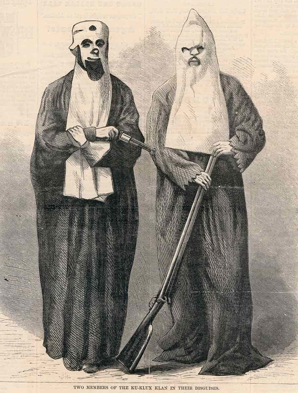 Two Klu Klux Klan members in their disguises, image printed in Harpers Weekly, 1868, Source: Missouri Historical Society