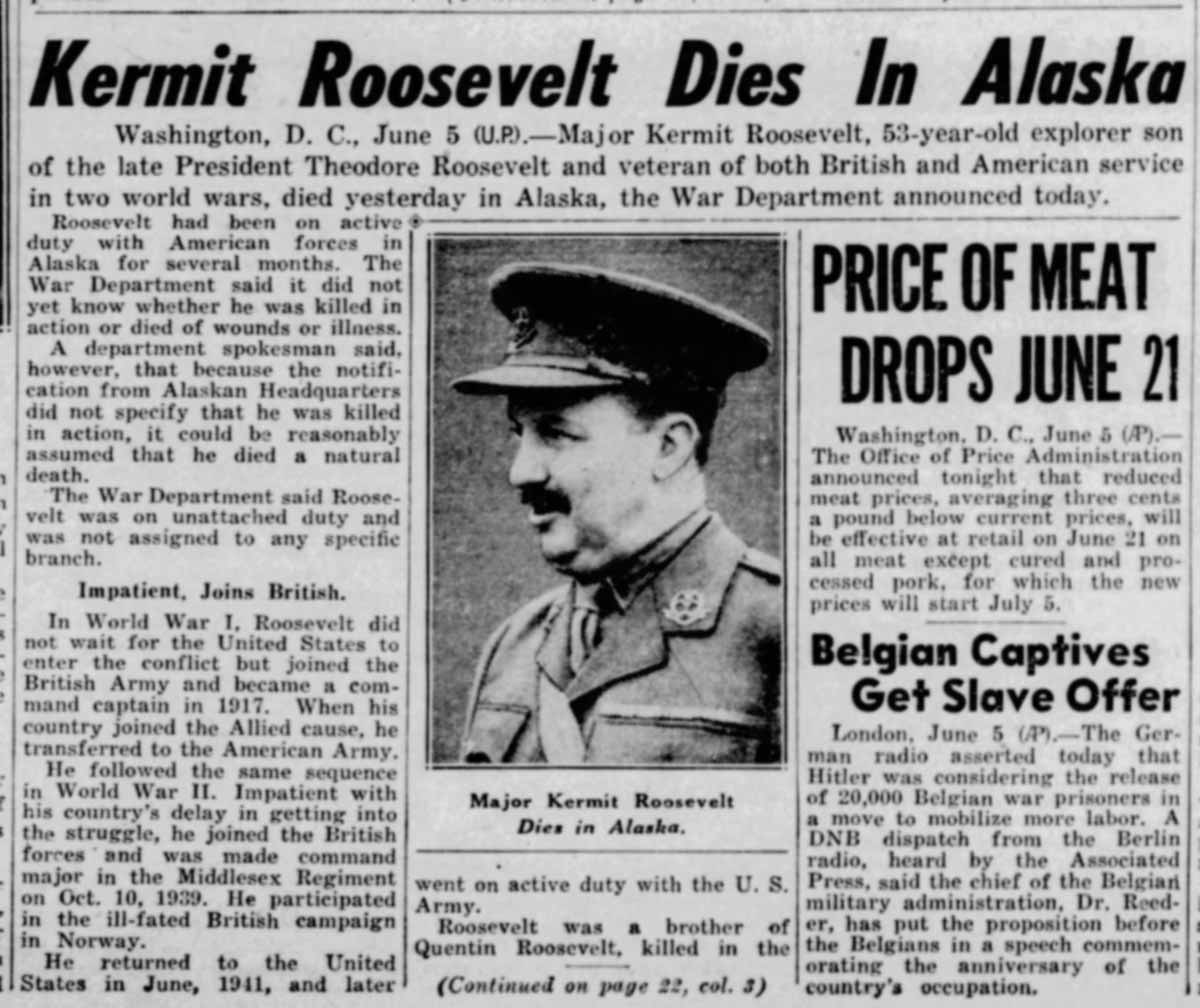 kermit roosevelt dies in alaska
