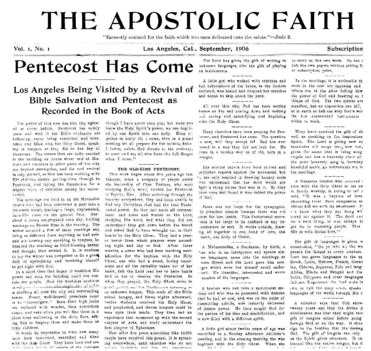 newspaper apostolic faith pentecostalism