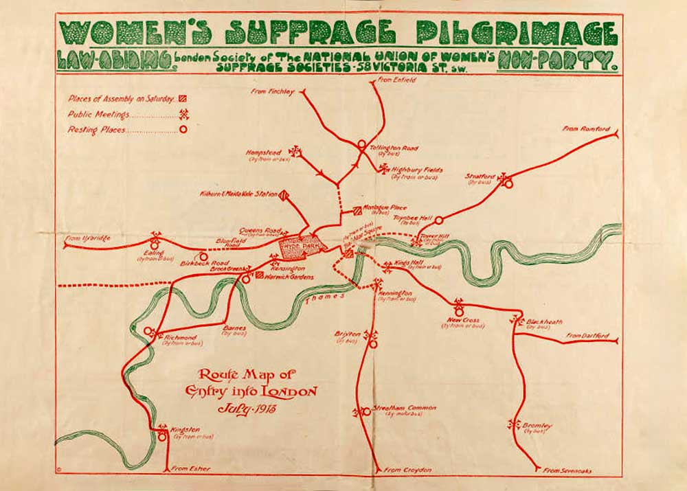 Map detailing the Women’s Suffrage Pilgrimage routes into London, 1913