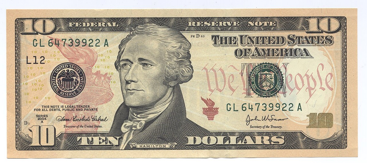 Current US $10 Bill featuring a portrait of Alexander Hamilton. Source: Wikimedia Commons