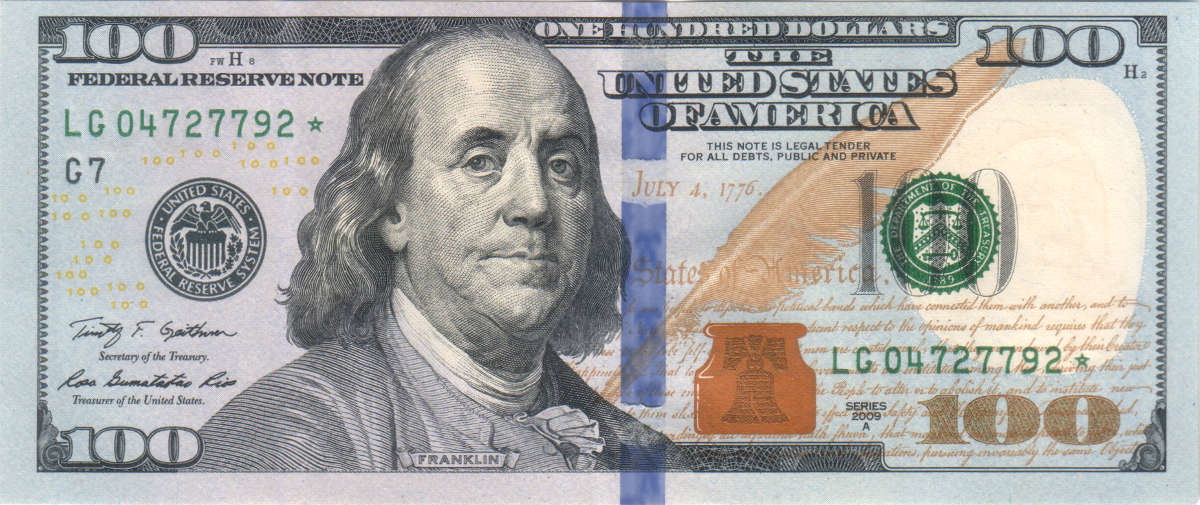 Current US $100 Bill featuring a portrait of Benjamin Franklin. Source: Wikimedia Commons