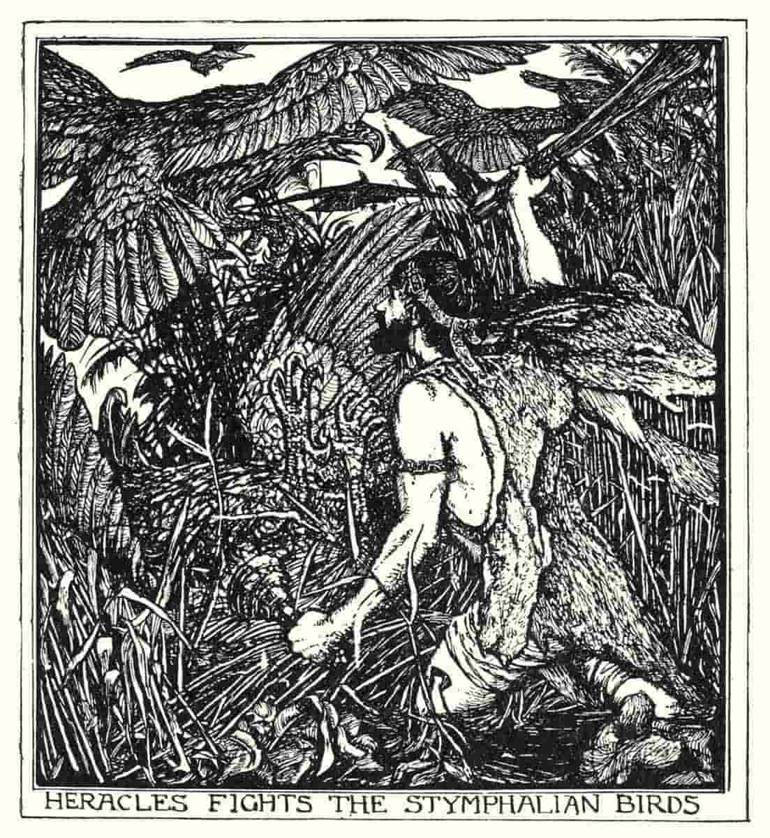 ford heracles fights stymphalian birds illustration
