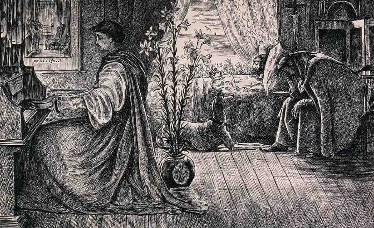 monk plays organ mourns maurier painting