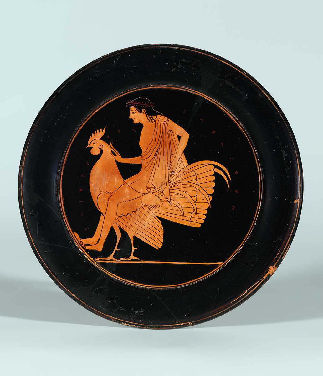 boy riding rooster greek vase painting