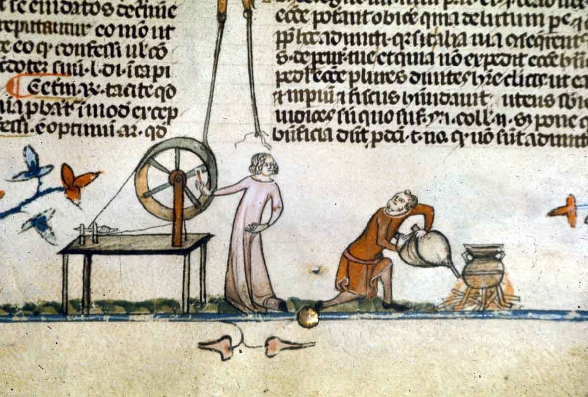 medieval woman spinning wheel illuminated manuscript
