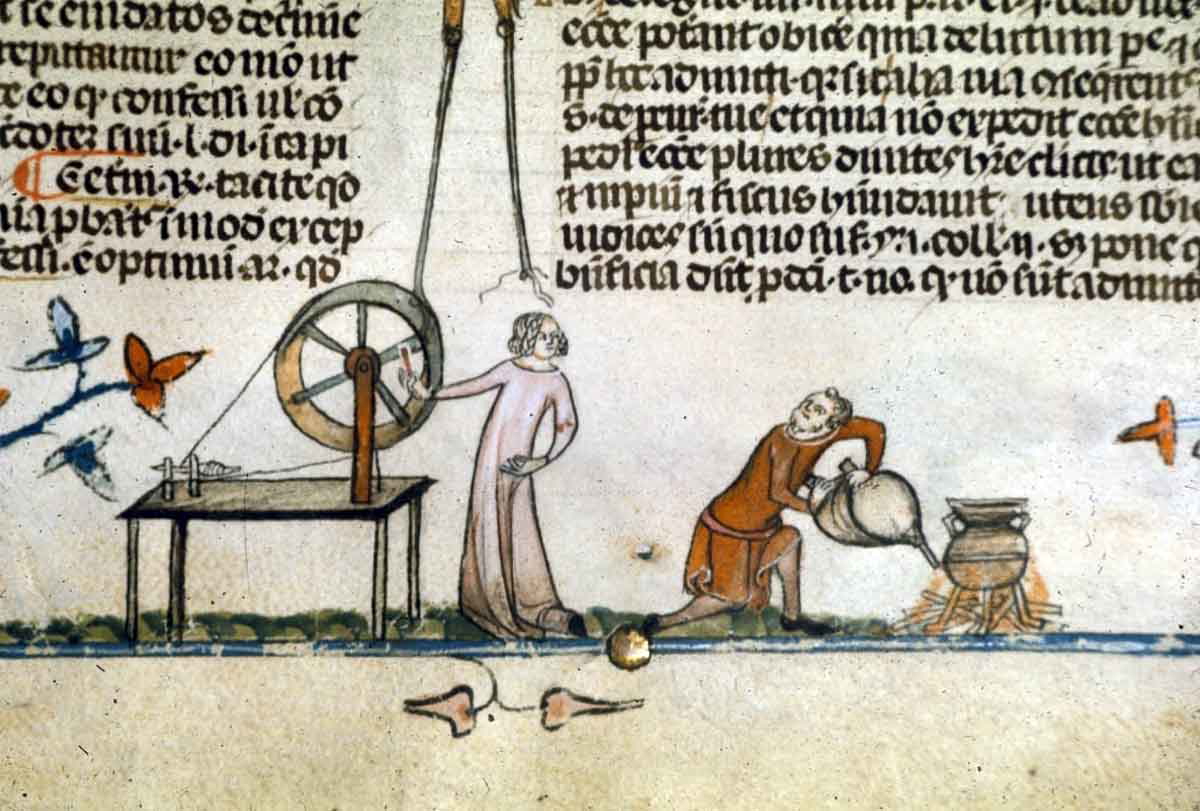 medieval woman spinning wheel illuminated manuscript