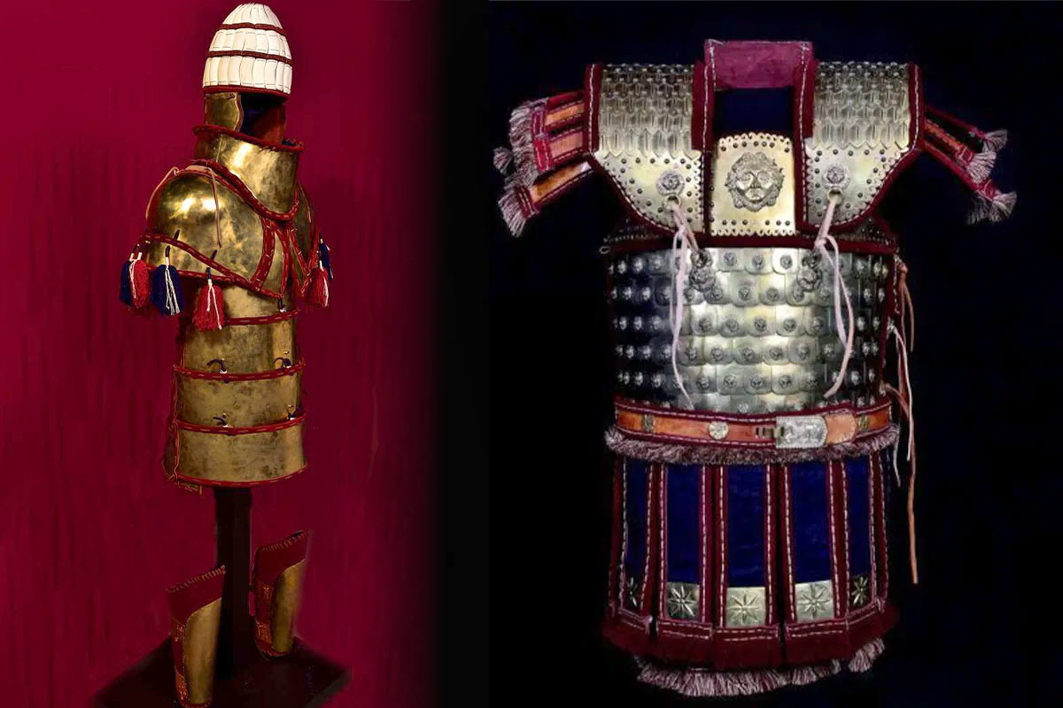 Mycenaean Armor of the 15th century BCE; with Linothorax of Alexander the Great, created by Dimitrios Katsikis. Source: Hellenic Armors