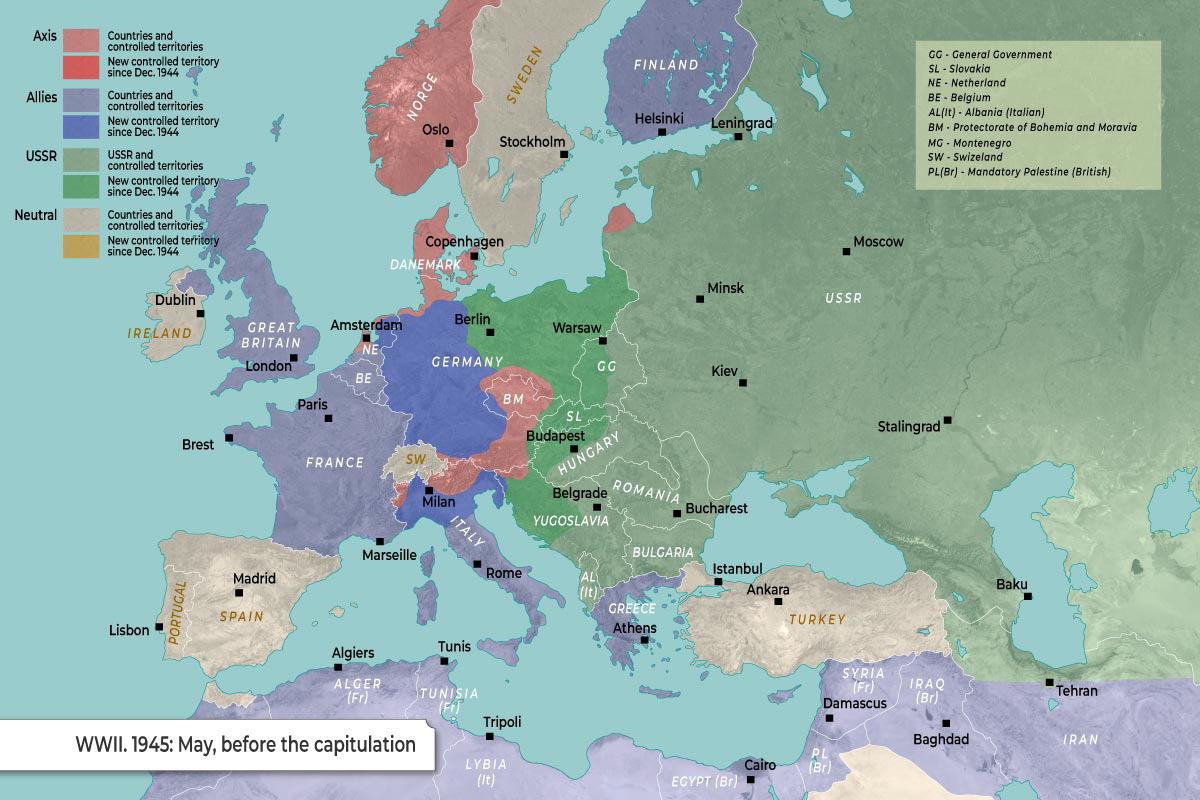 A map of Europe in May of 1945 before the capitulation of Germany.