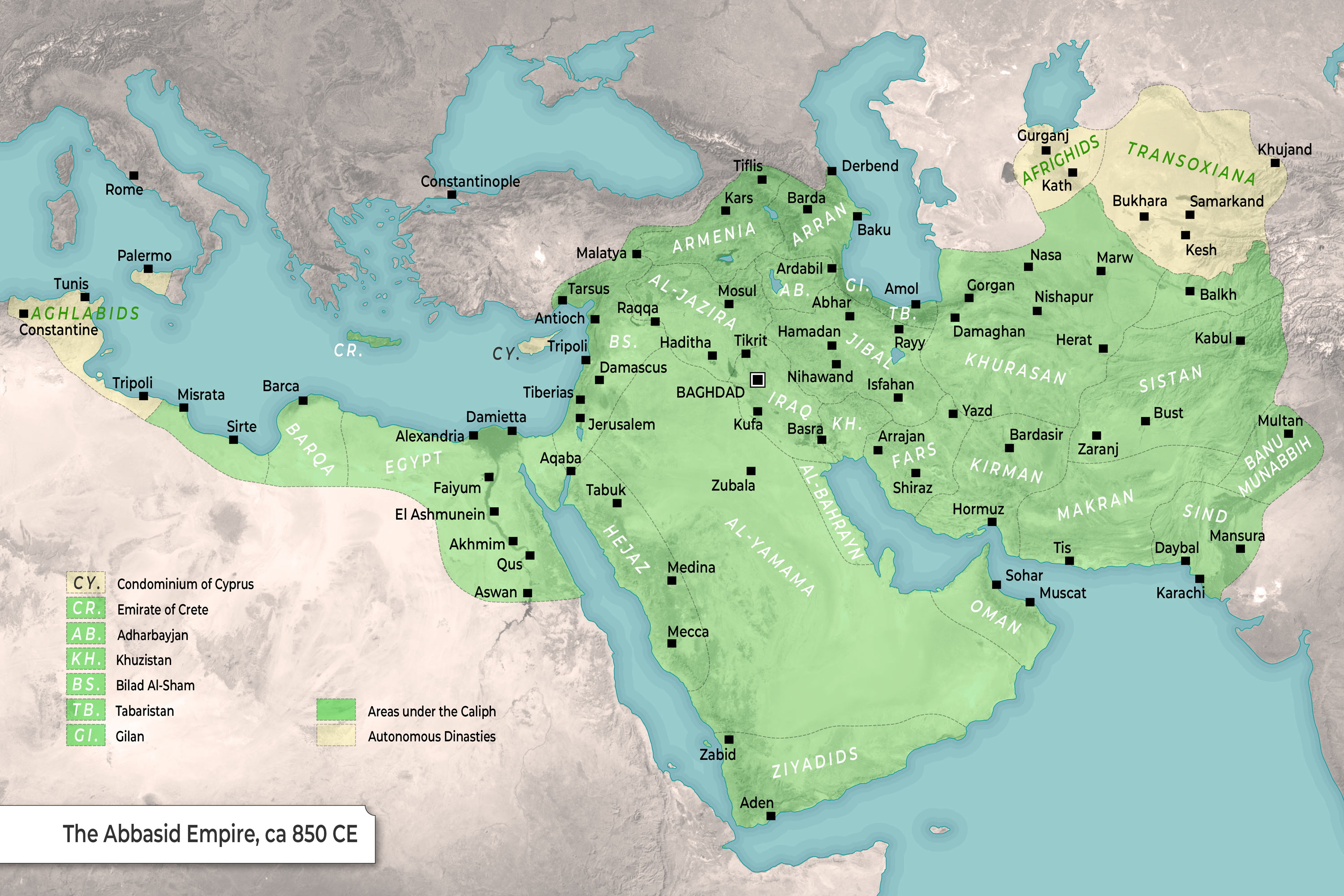 Map of the Abbasid Empire at its peak in 850. Source: TheCollector