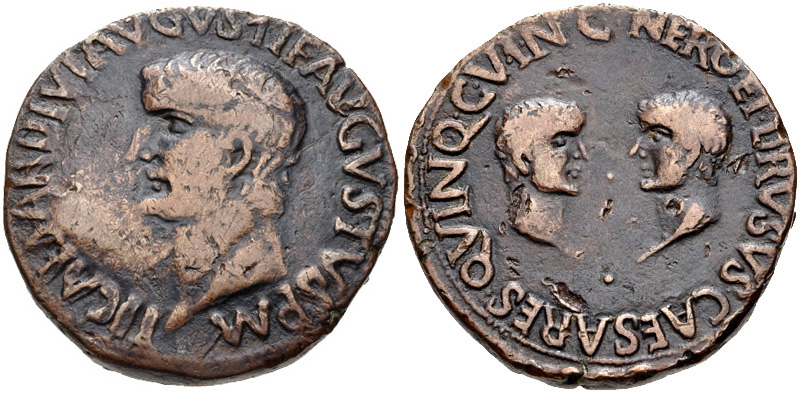Coin of Tiberius showing Germanicus' son Nero and Drusus on the reverse, implying their position in the succession line, North Africa, c. AD 20-29. Source: CNG Coins