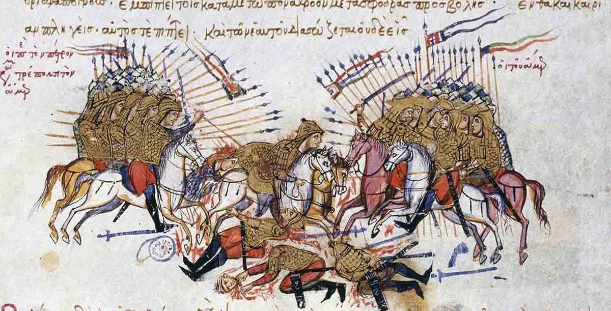 battle scene between byzantines arabs skylitzes manuscript 13th century