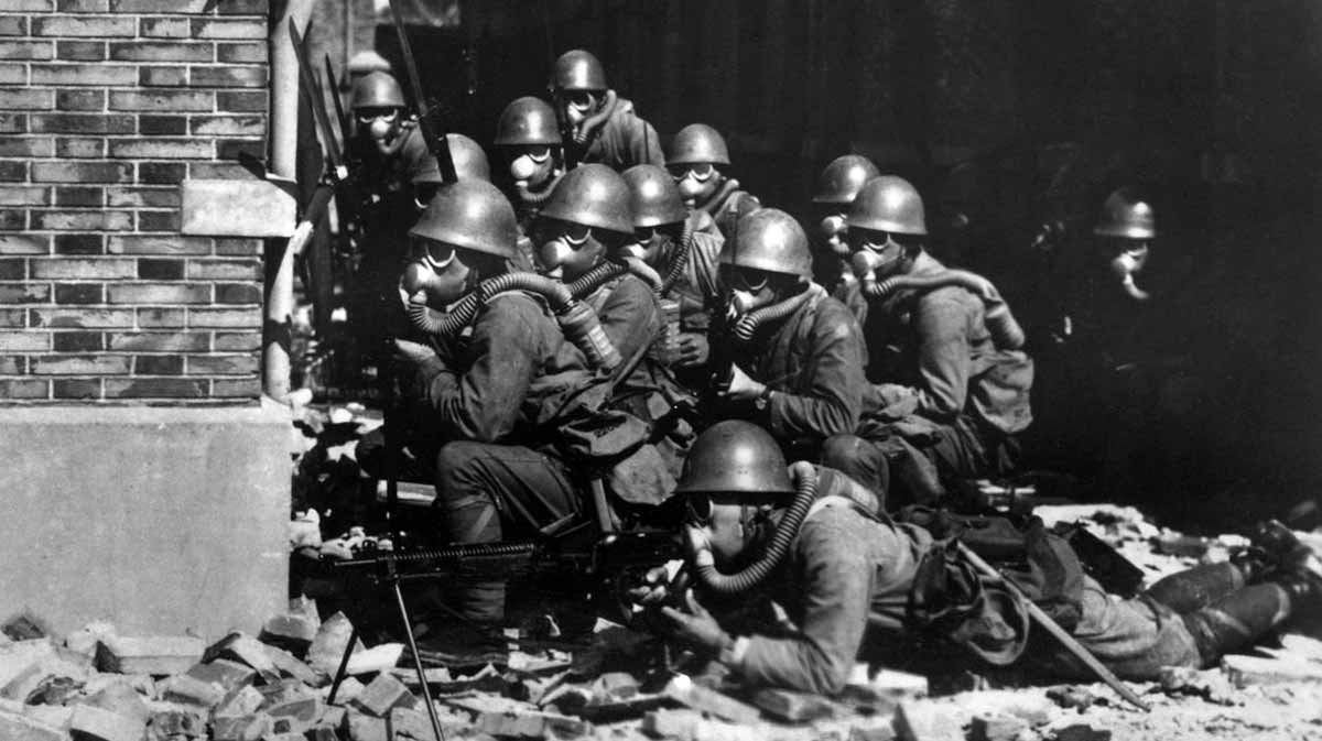 japanese forces in gass masks photo