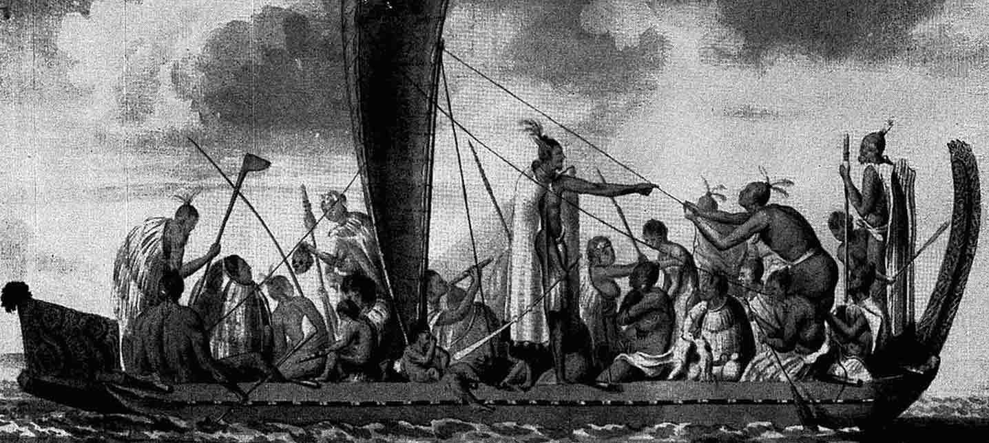 maori war canoe engraving