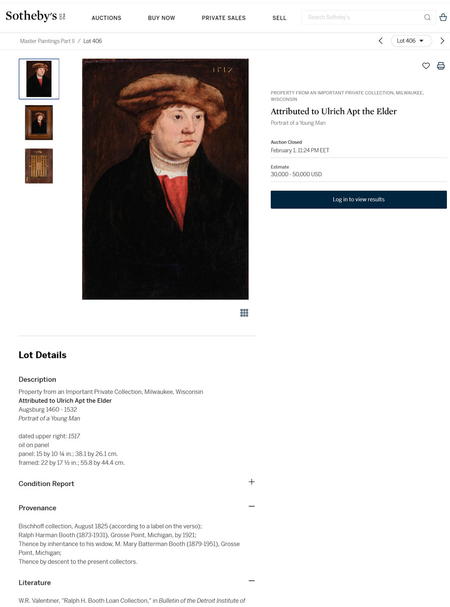 Auction lot provenance details for a 1517 portrait