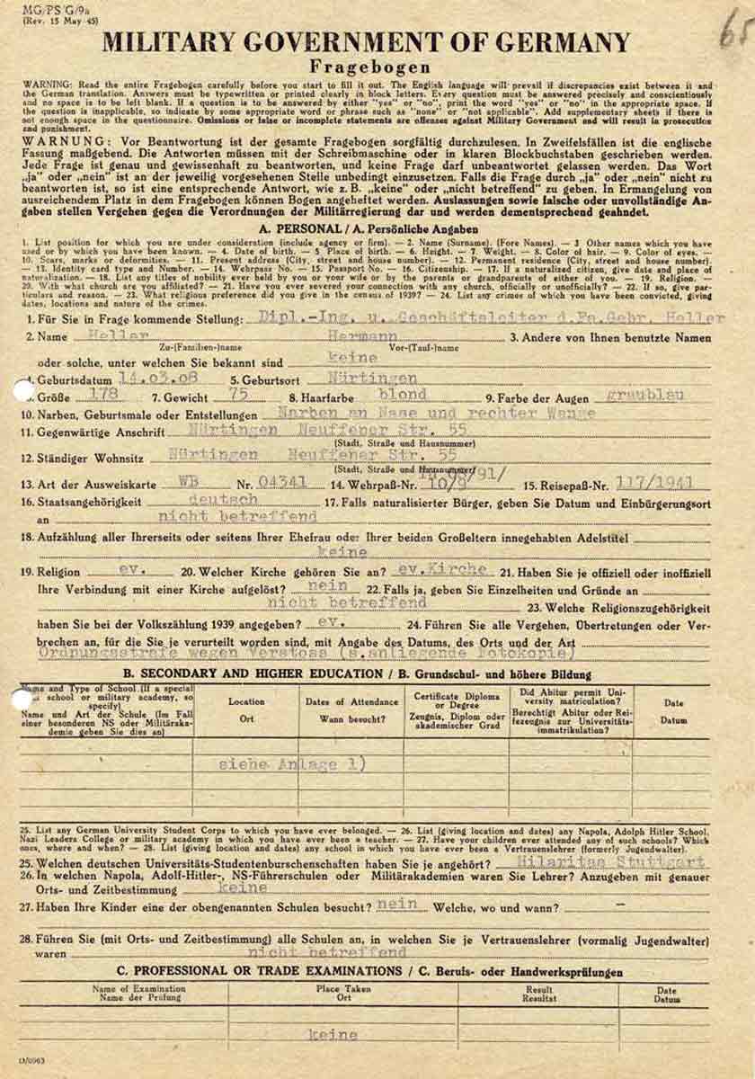 denazification questionaire photo
