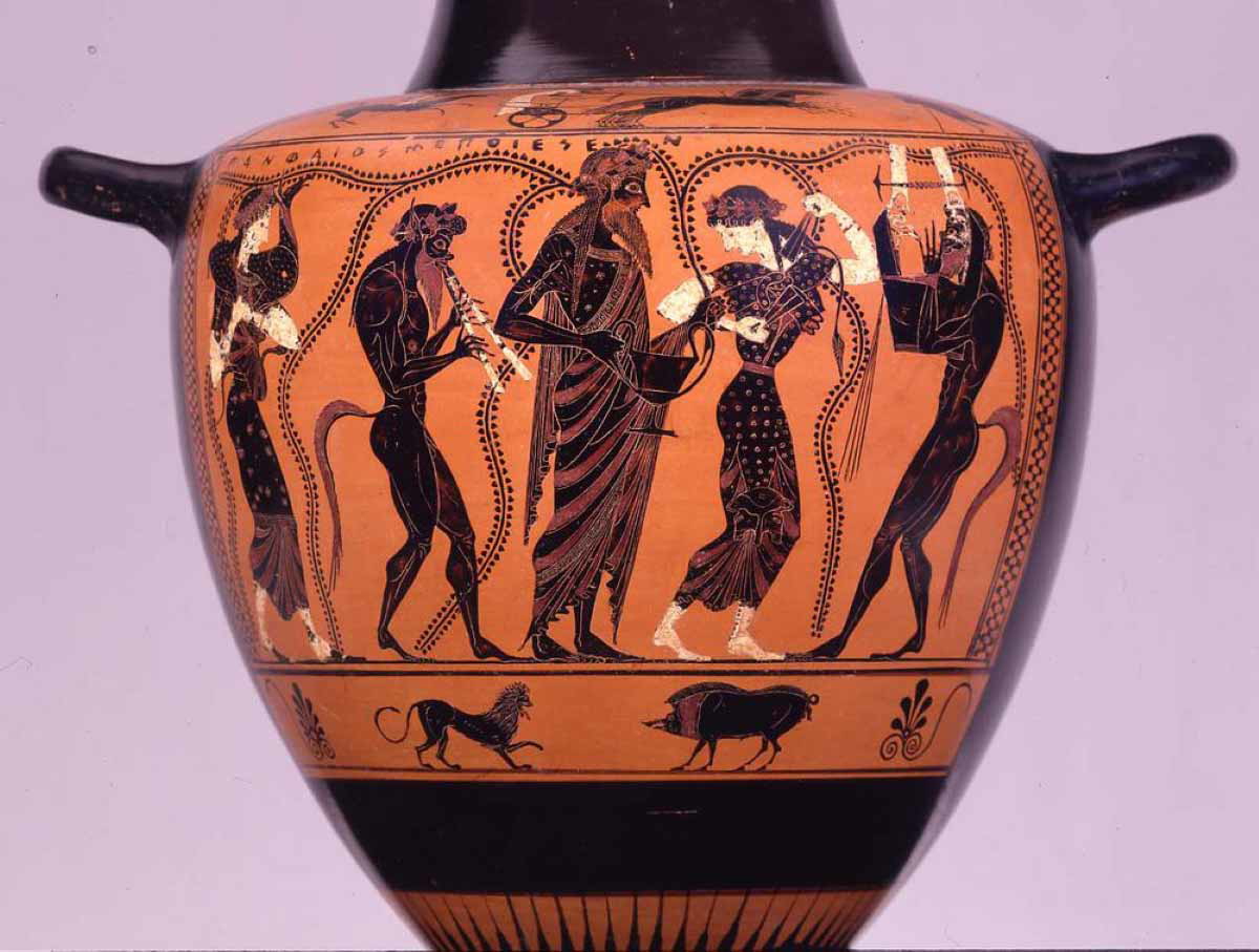 pamphaios hydria thiasos black figure satyr