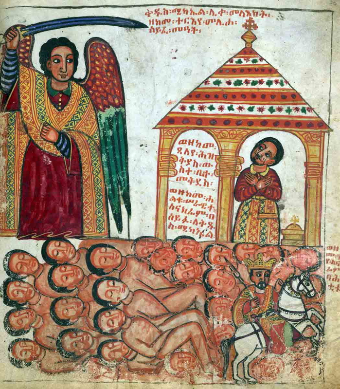 qeddus-the-archangel-helping-hezekiah of judah defeat sennacherib of assyria painting