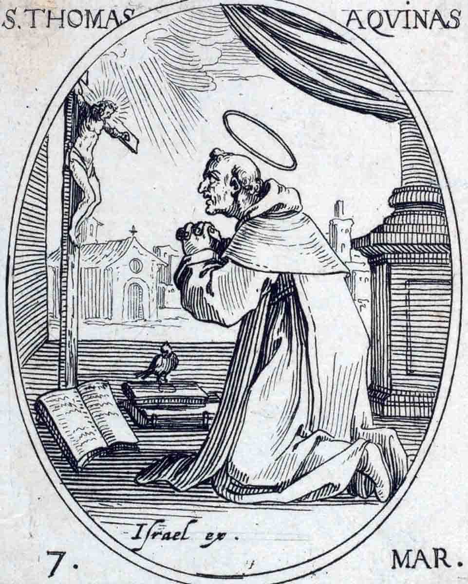 saint thomas aquinas praying before a crucifix