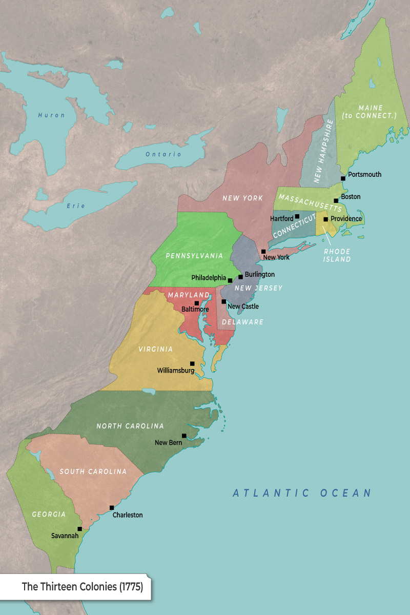 Map of the Thirteen Colonies in 1775. Source: TheCollector