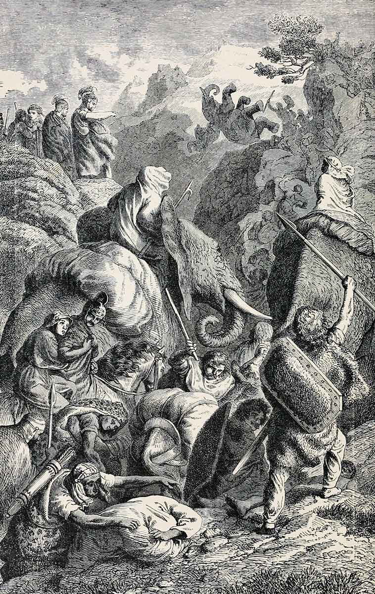 hannibal crossing the alps engraving 1884