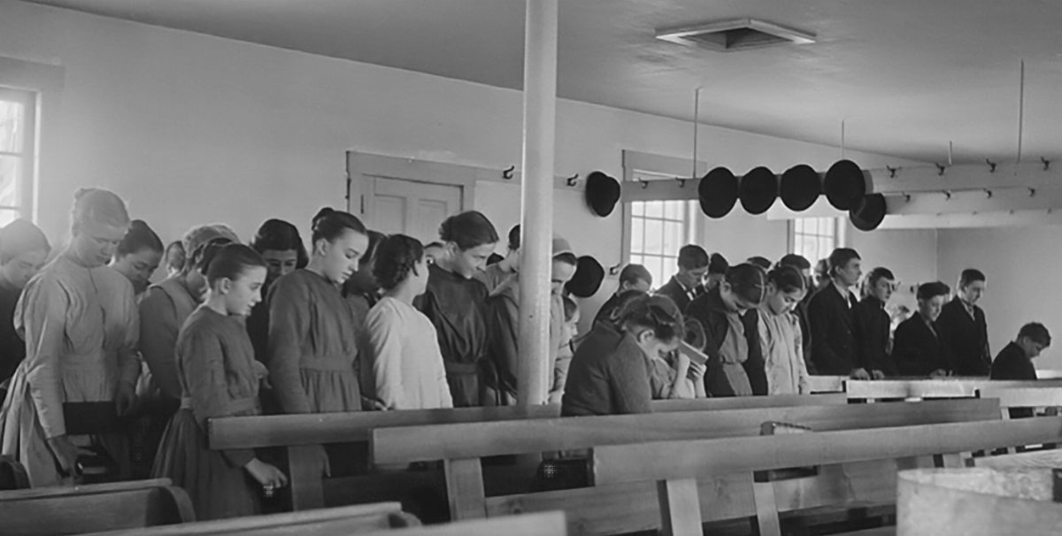 hinkletown pennsylvania mennonite children in prayer in a mennonite church negative
