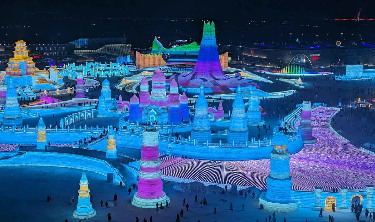 ice festival glowing at night harbin