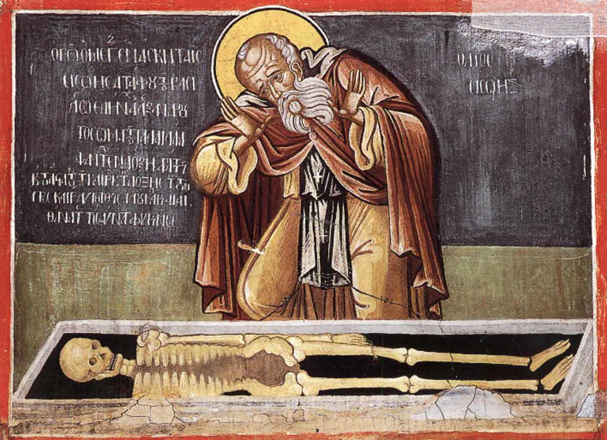 Saint Sisoes the Great at the tomb of Alexander the Great, 16th c. Source: Varlaam Monastery, Meteora / Wikimedia Commons