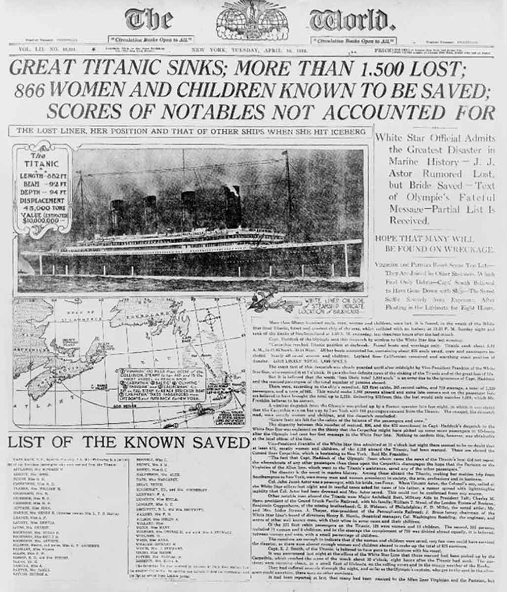 titanic sinks newspaper