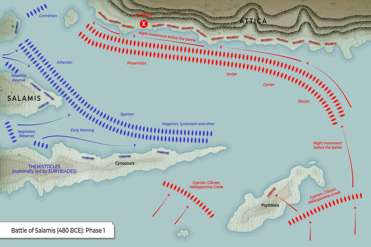 Map of the deployment phase of the battle of Salamis, illustrating the positioning of the Greek and Persian forces. Source: TheCollector