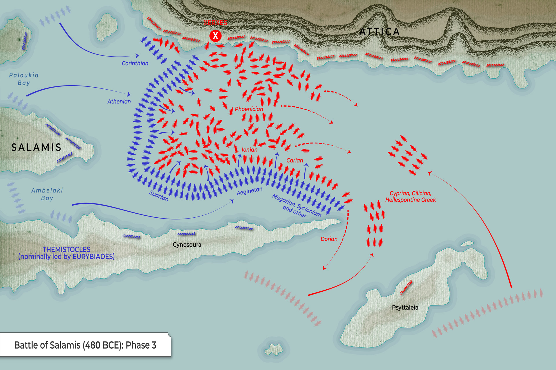 Map of the Battle of Salamis showing the encirclement of the Persian fleet. Source: TheCollector