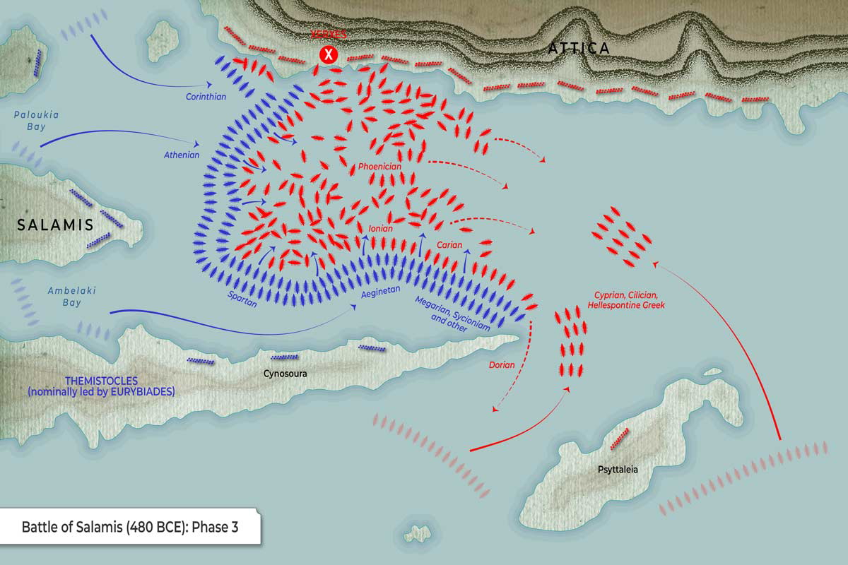 Map of the Battle of Salamis showing the encirclement of the Persian fleet. Source: TheCollector