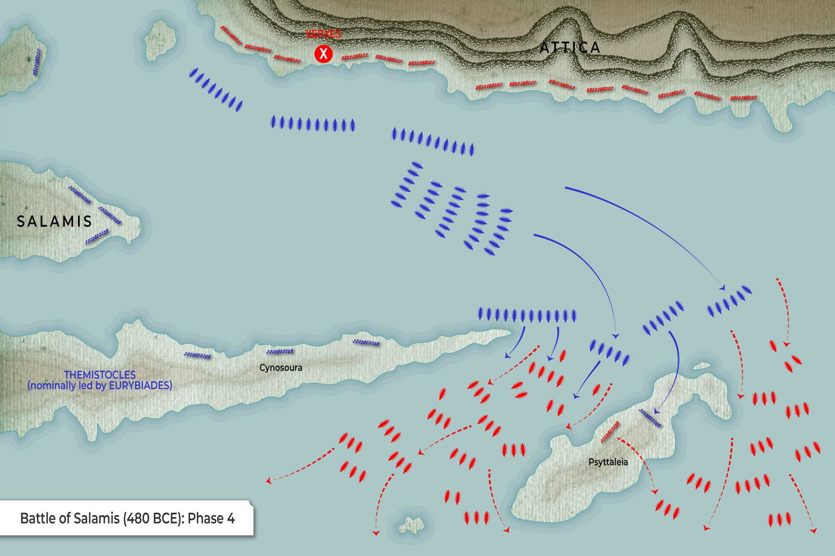 Map of the last phase of the Battle of Salamis showing the Persian fleet fleeing the strait of Salamis. Source: TheCollector